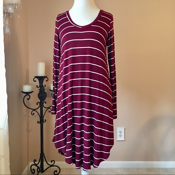 Burgundy (Oxblood) White Striped Long Sleeve Dress - Picture 3 of 8